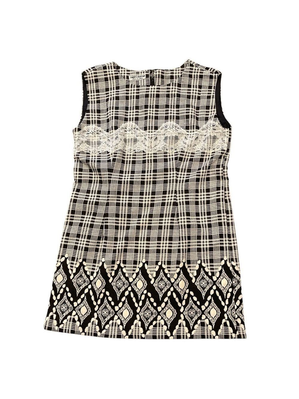 Black White Plaid Lace Shift Mini Dress Tunic Stretch M